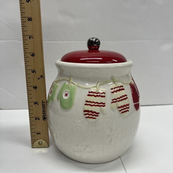 Hallmark Ceramic Cookie Jar Mittens Close Line White Red Green Jingle Bell 7” - Picture 10 of 11